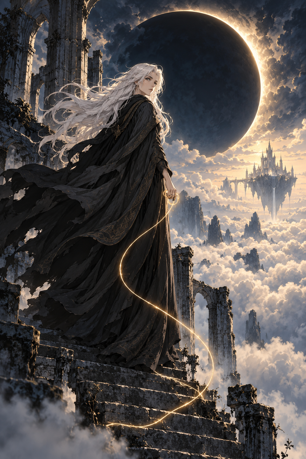 Illustrated white-haired woman holding a golden thread beneath an eclipsed moon