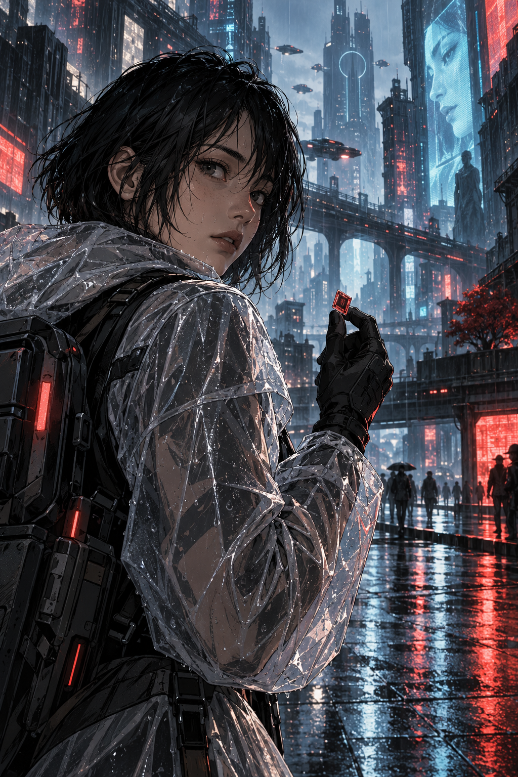 Illustrated courier in a neon-lit city holding a mysterious memory chip