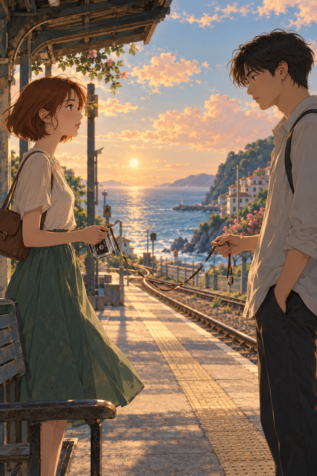 Two illustrated young adults meeting at a sunlit seaside train platform